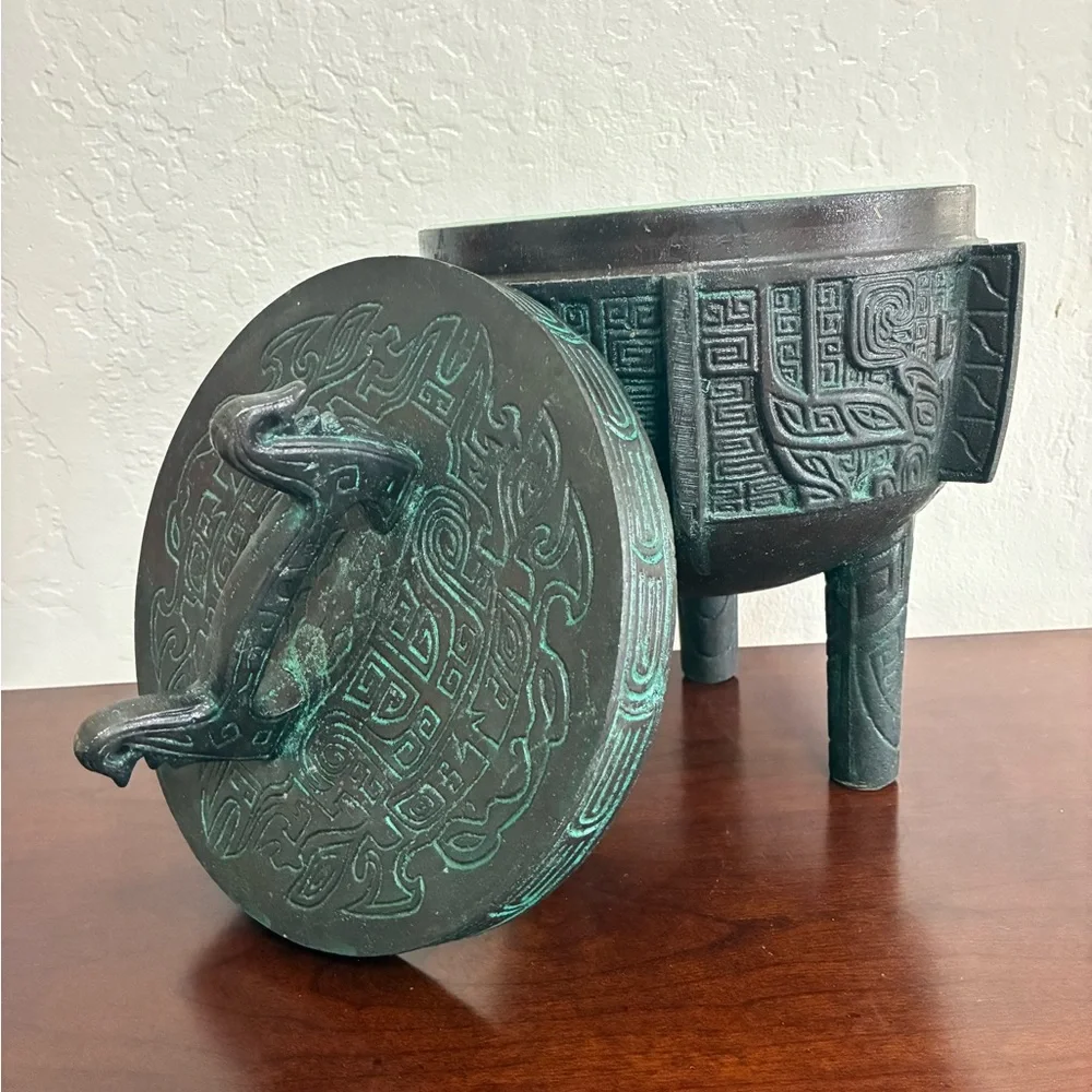 Vintage 1960s James Mont MCM Verdigris Mayan Aztec Asian Faux Bronze Ice Bucket